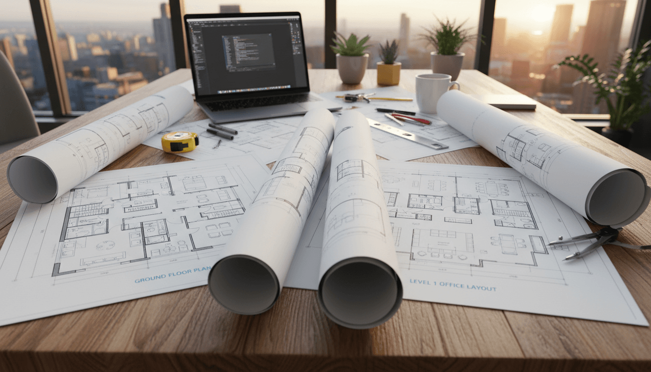 Rolled architectural drawings with detailed floor plans on a desk