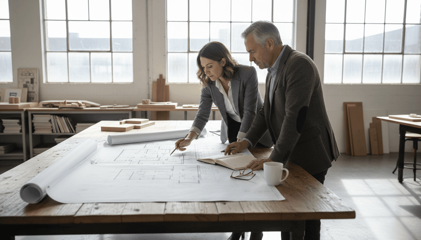 Two people reviewing architectural drawings together at a studio table