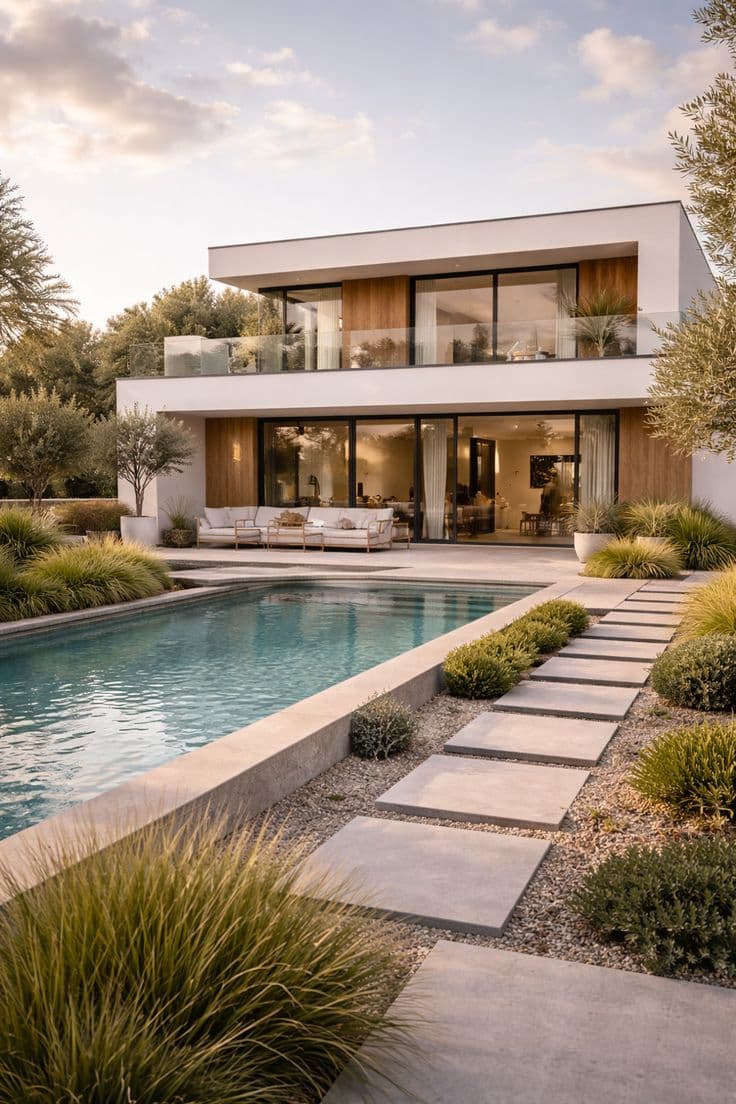 Modern white villa with a swimming pool and stone paver path surrounded by lush landscaping.