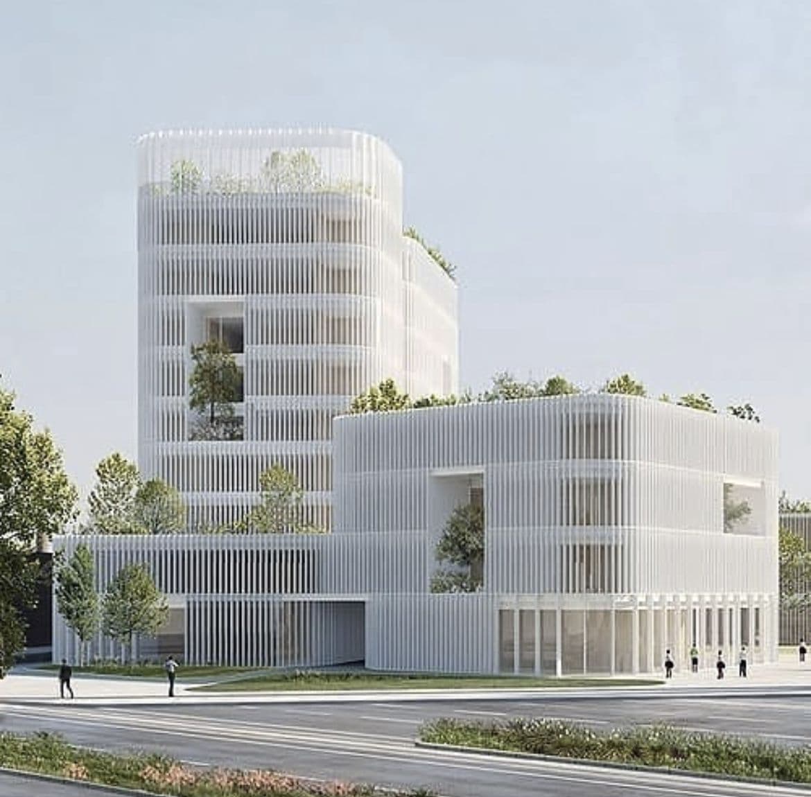 Modern white building with vertical louvres and integrated greenery on various terraces and rooftops.