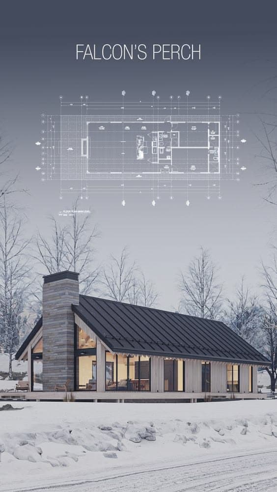 Modern cabin in a snowy landscape with a stone chimney and architectural floor plan overlay.