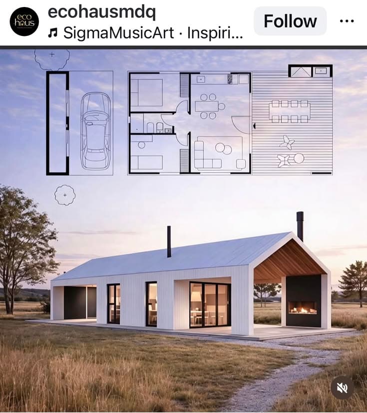 Floor plan and architectural rendering of a minimalist white house featuring a large outdoor fireplace.