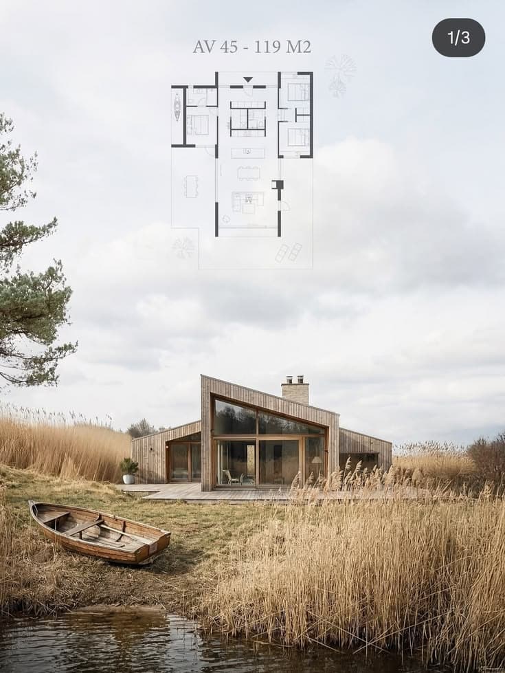 Modern wooden cabin with slanted roof, floor plan overlay, and rowboat on grassy shore.