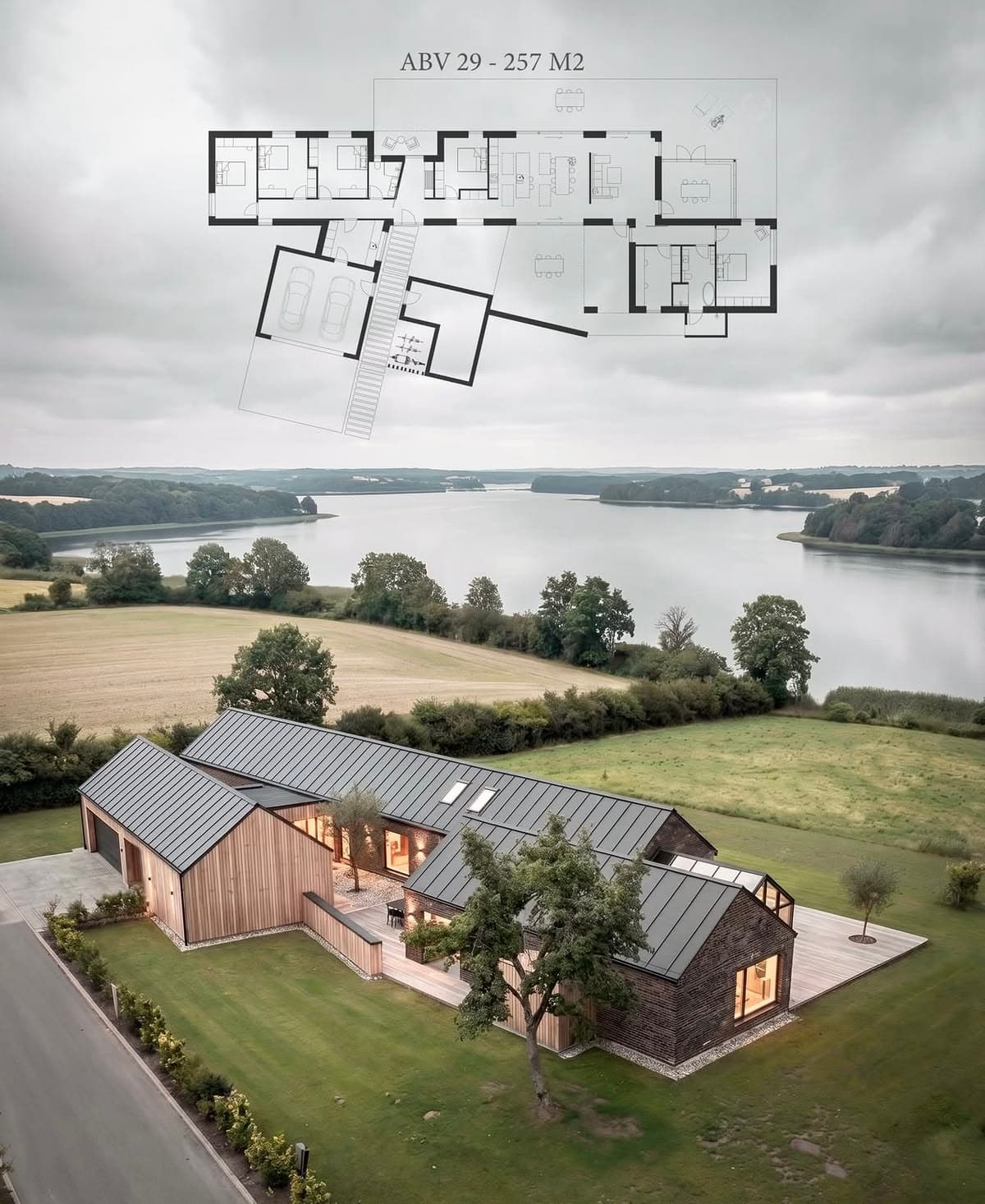 Modern timber house overlooking a lake with an architectural floor plan overlaid above.