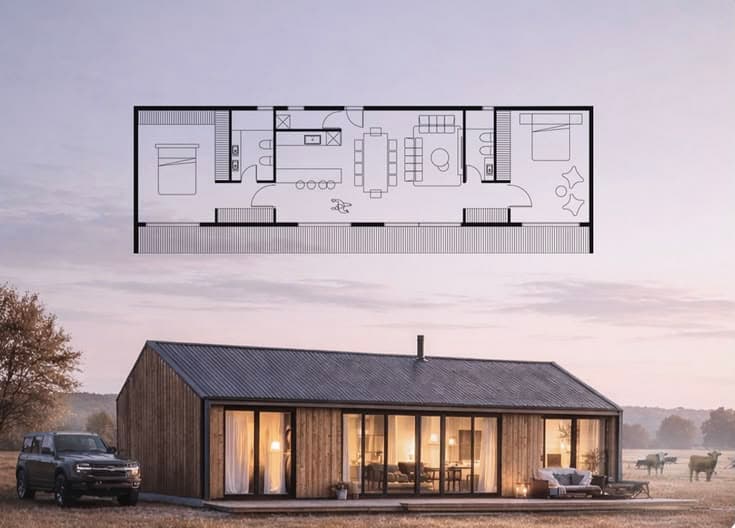 Modern wooden cabin at dusk with a floor plan overlay in a rural landscape.