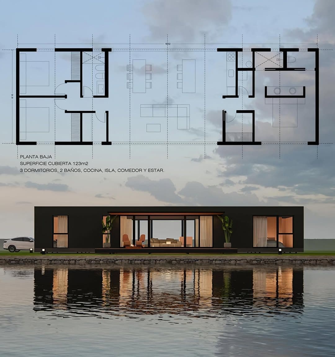 Modern black house rendering reflected in water below its detailed architectural floor plan.