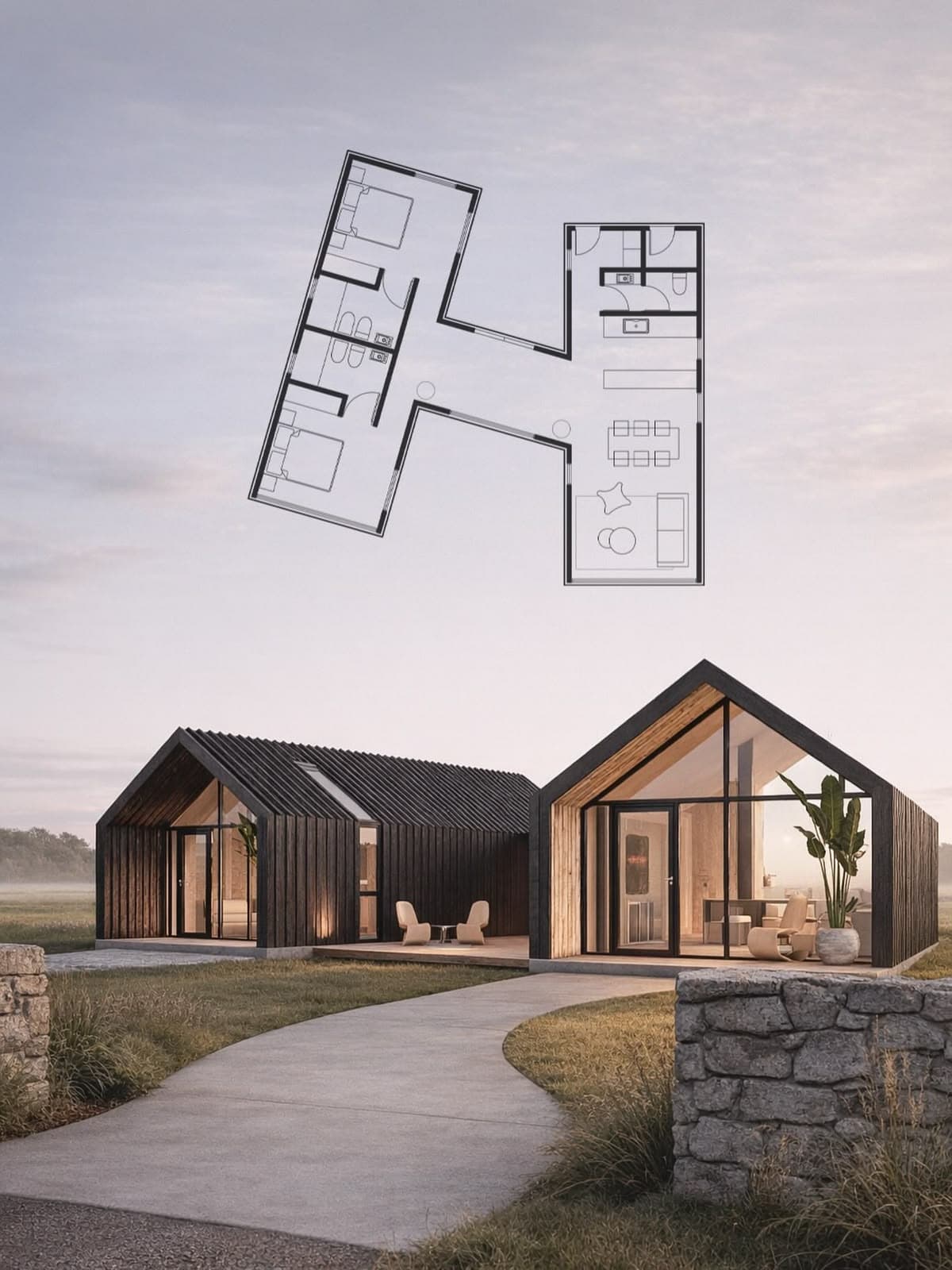 Modern H-shaped house with dark wood cladding and glass walls below a floor plan.
