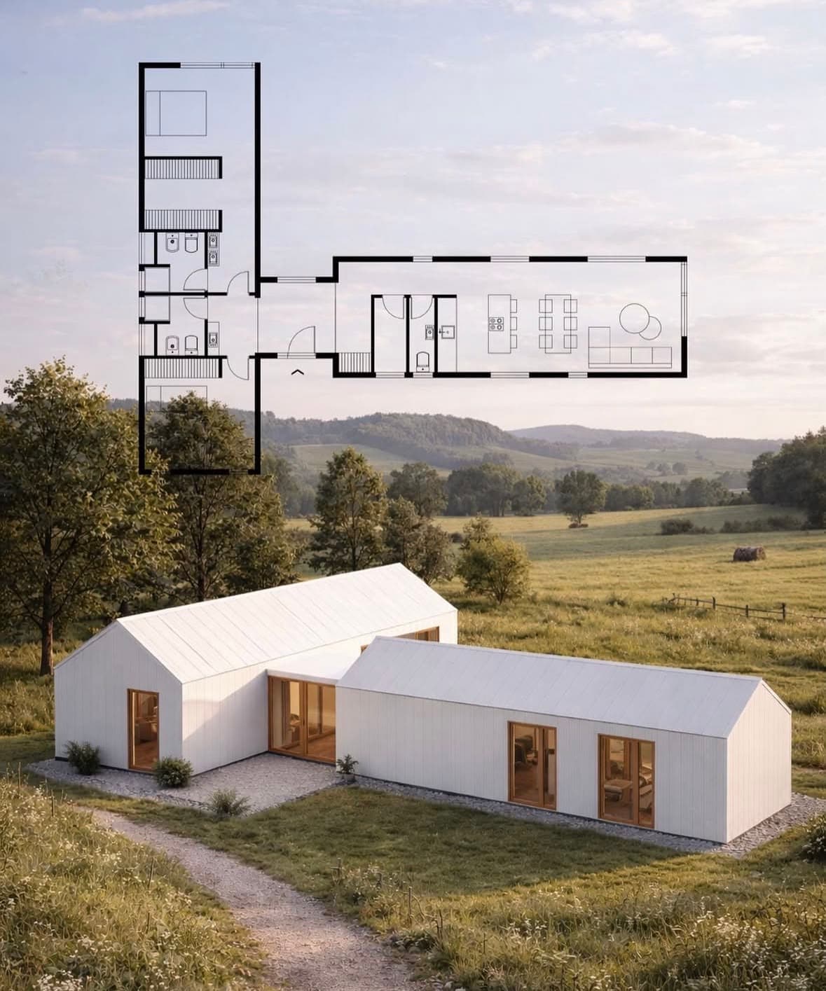 Modern white L-shaped house in a rural landscape with an architectural floor plan overlay.